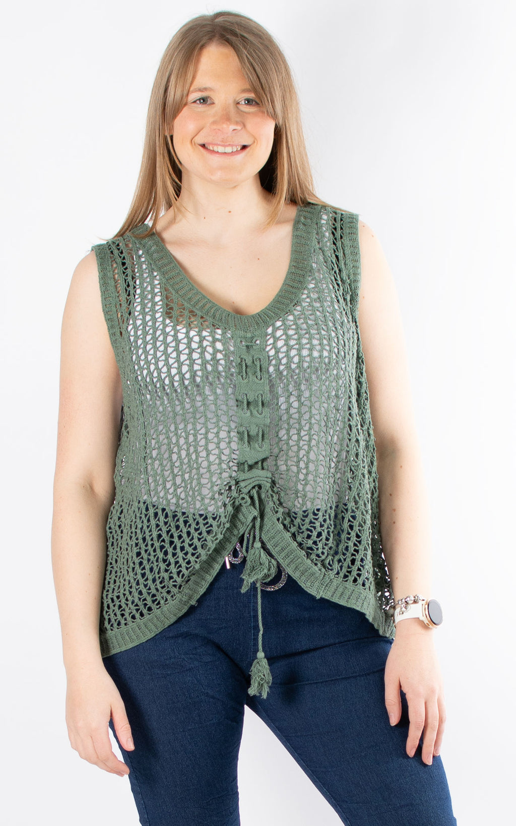 Crochet Drawstring Vest | Khaki