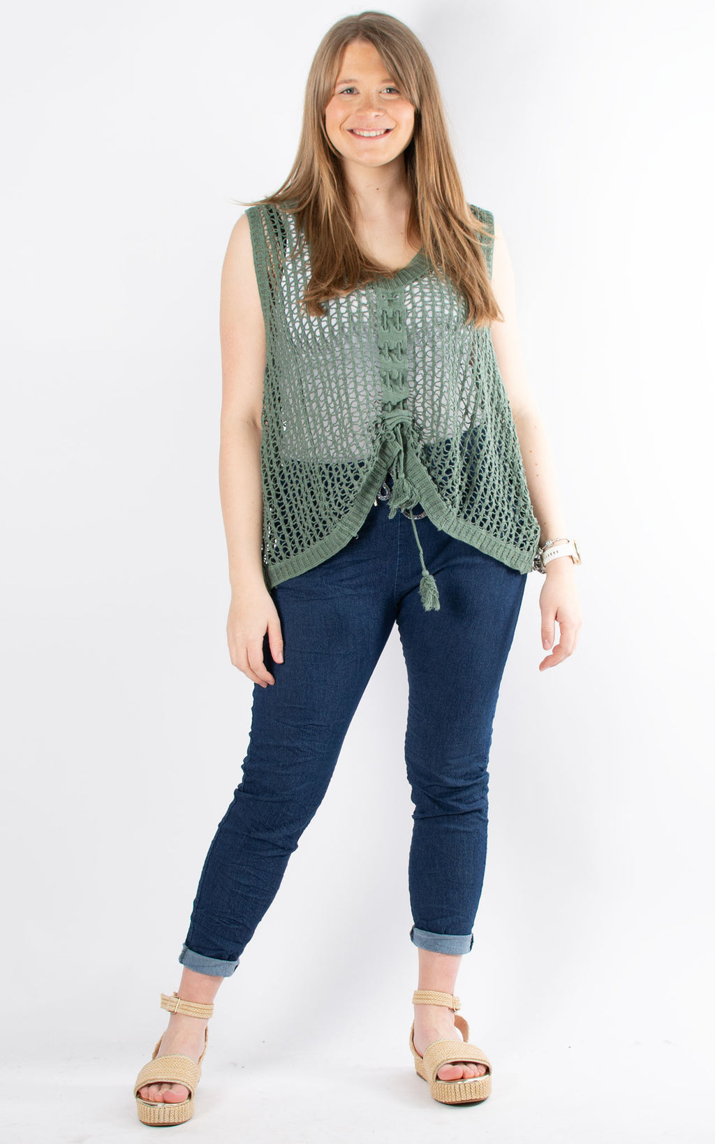 Crochet Drawstring Vest | Khaki