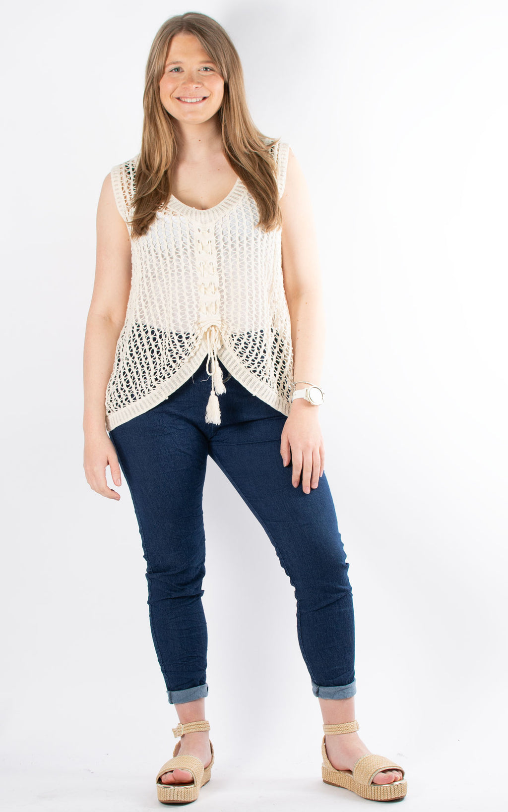 Crochet Drawstring Vest | Stone