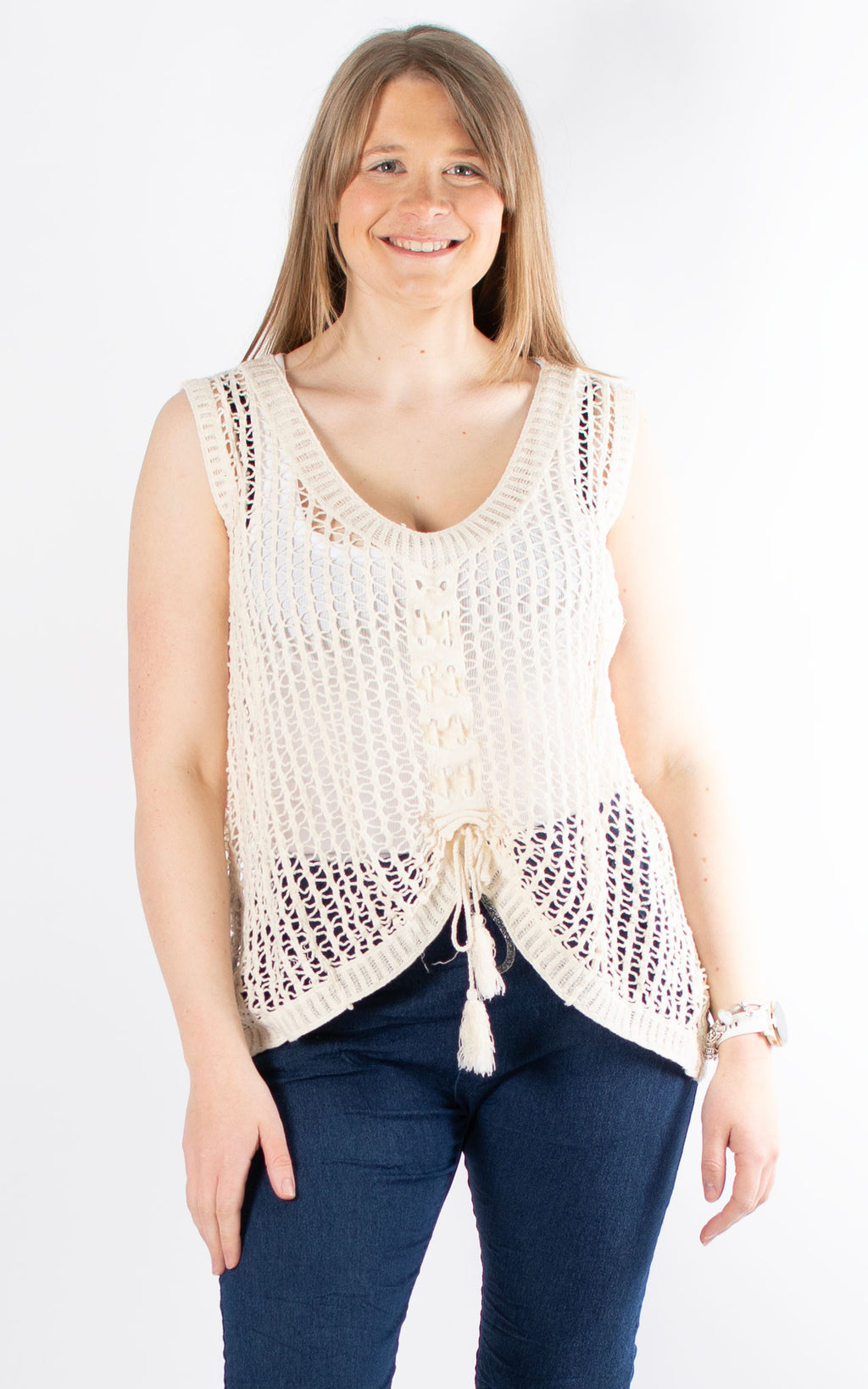 Crochet Drawstring Vest | Stone