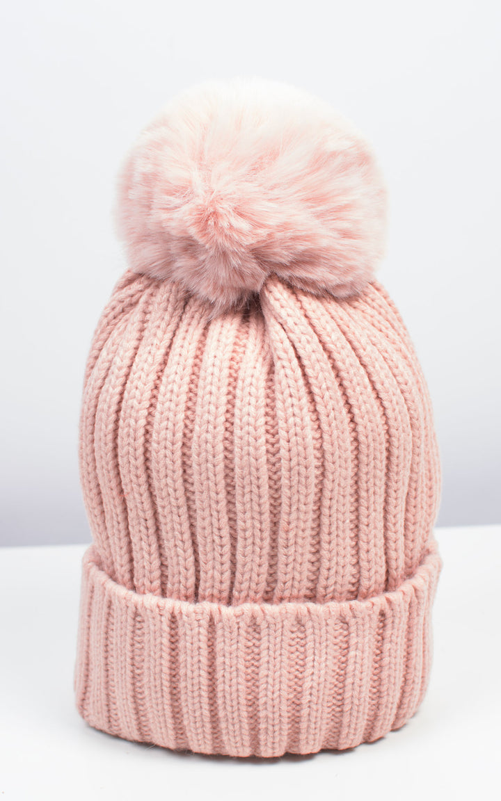 Faux Fur Pom Pom Rib Hat | Pink