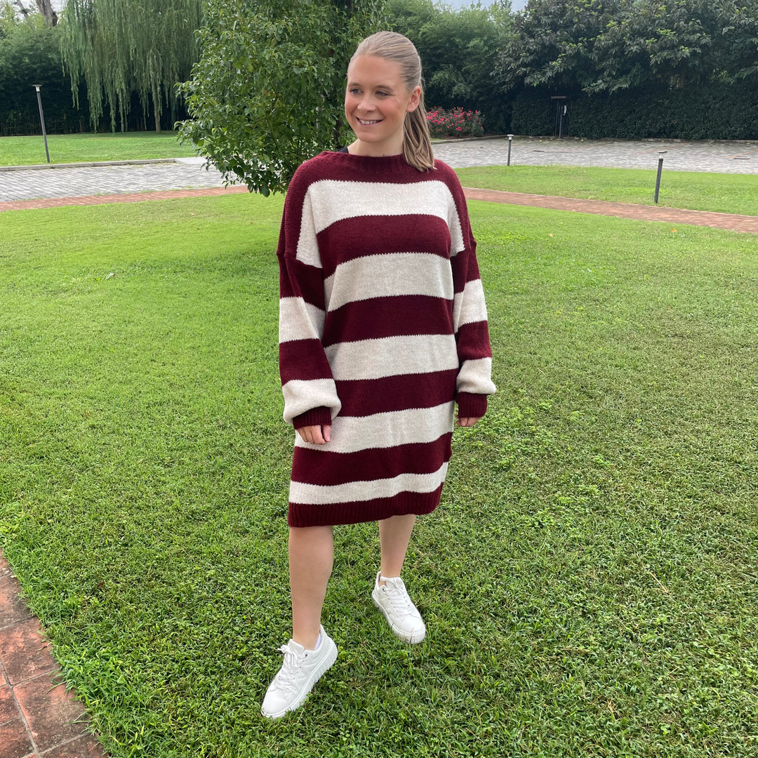 *PRE-ORDER* Striped Knitted Dress | Oat & Burgundy