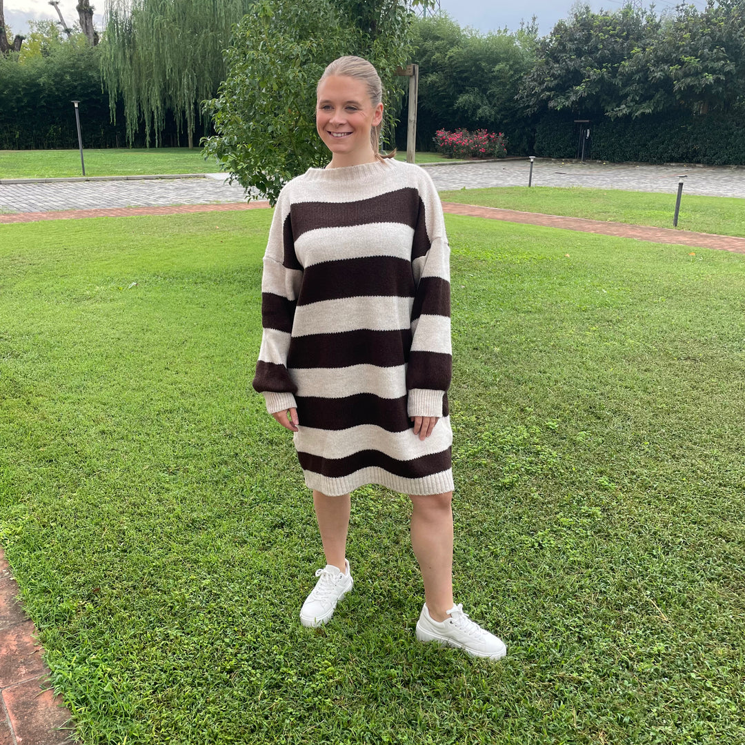 *PRE-ORDER* Striped Knitted Dress | Oat & Chocolate