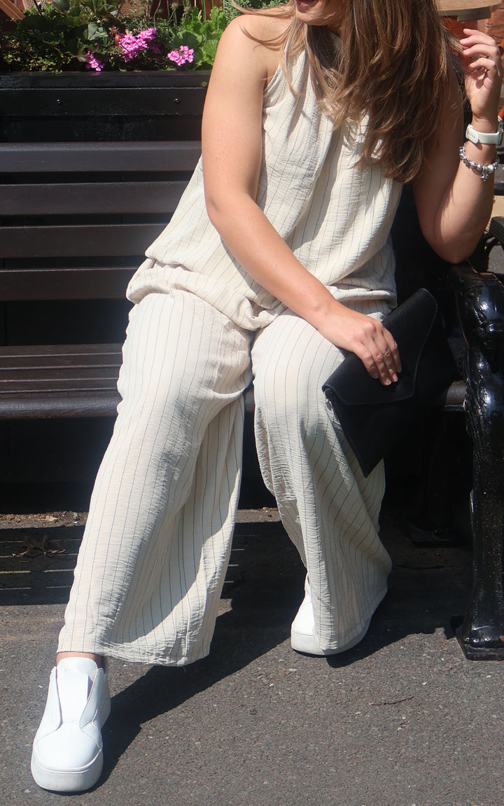 Mandy Halterneck Top | Pinstripe | Beige