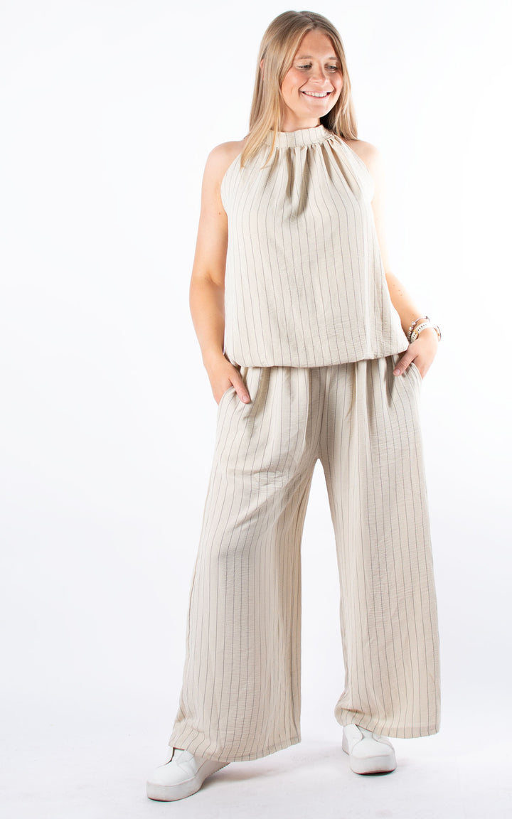 Mandy Halterneck Top | Pinstripe | Beige