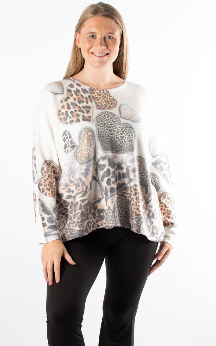 Naomi Thin Knit | Leopard Hearts | White