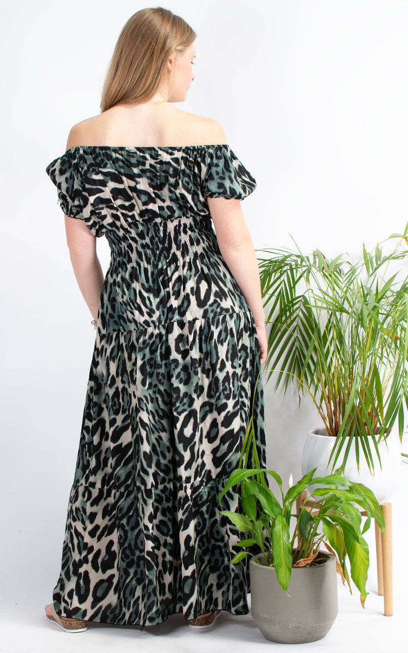 Animal Print Bardot | Leopard | Maxi | Khaki