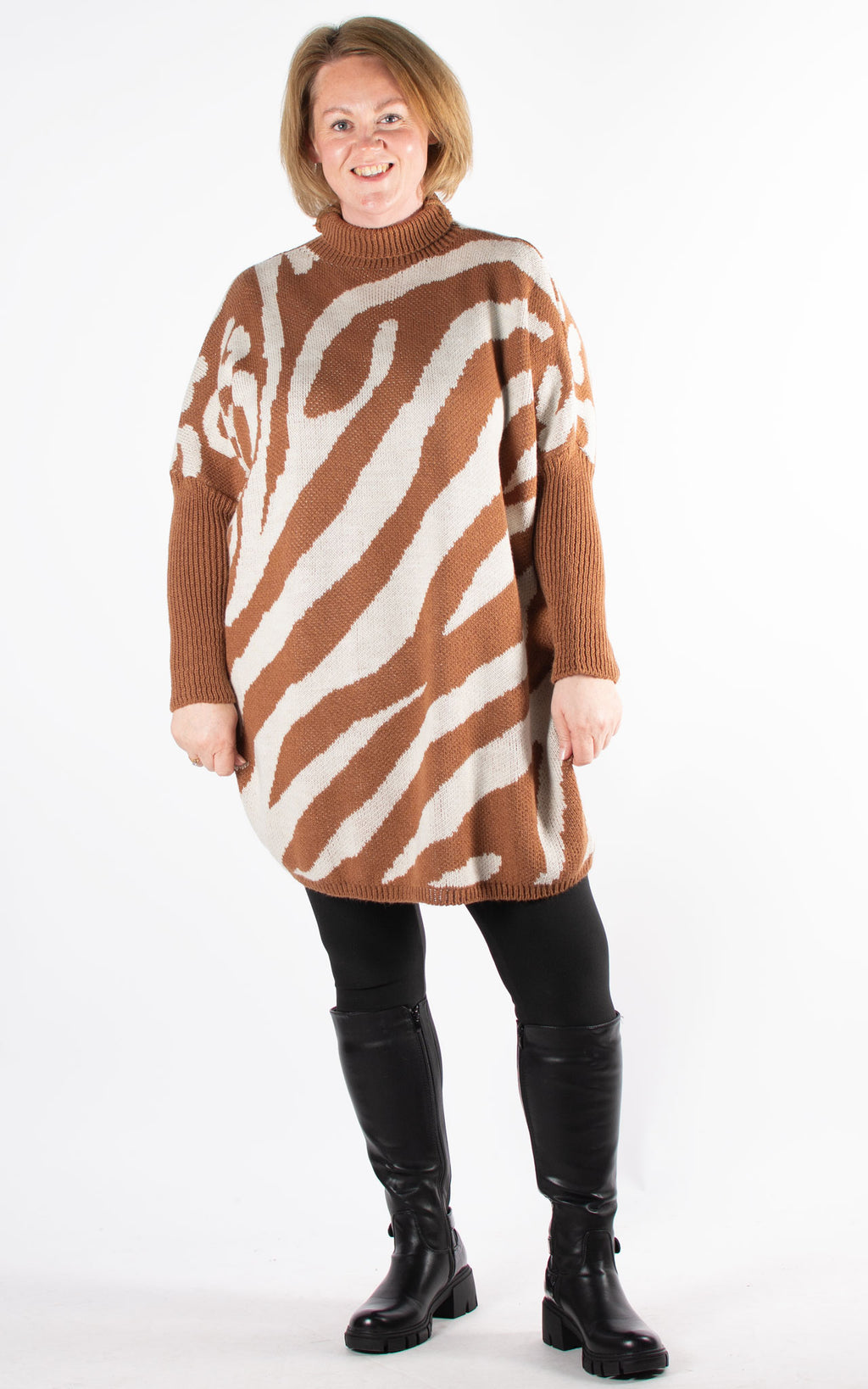 Animal Print High Neck Jumper | Camel
