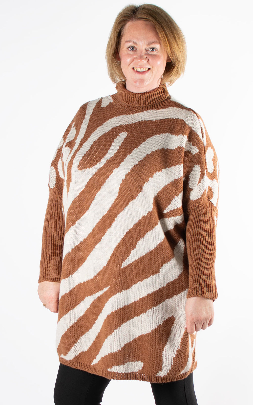 Animal Print High Neck Jumper | Camel