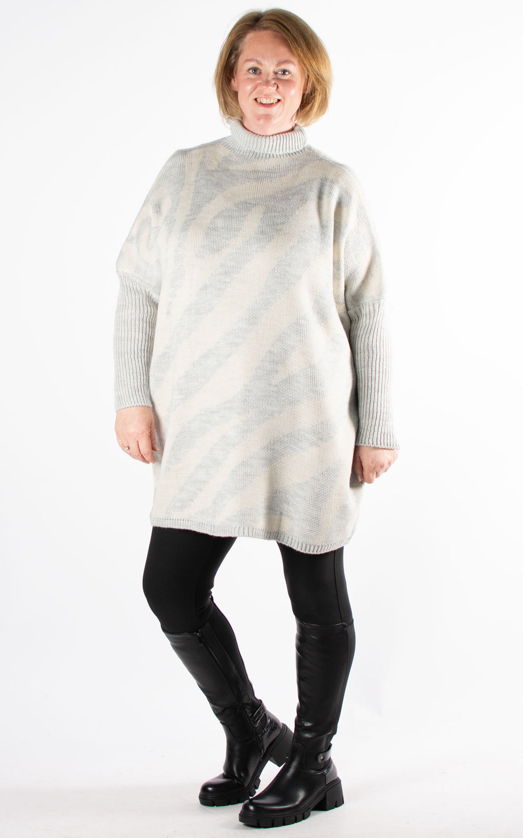 Animal Print High Neck Jumper | Light Grey