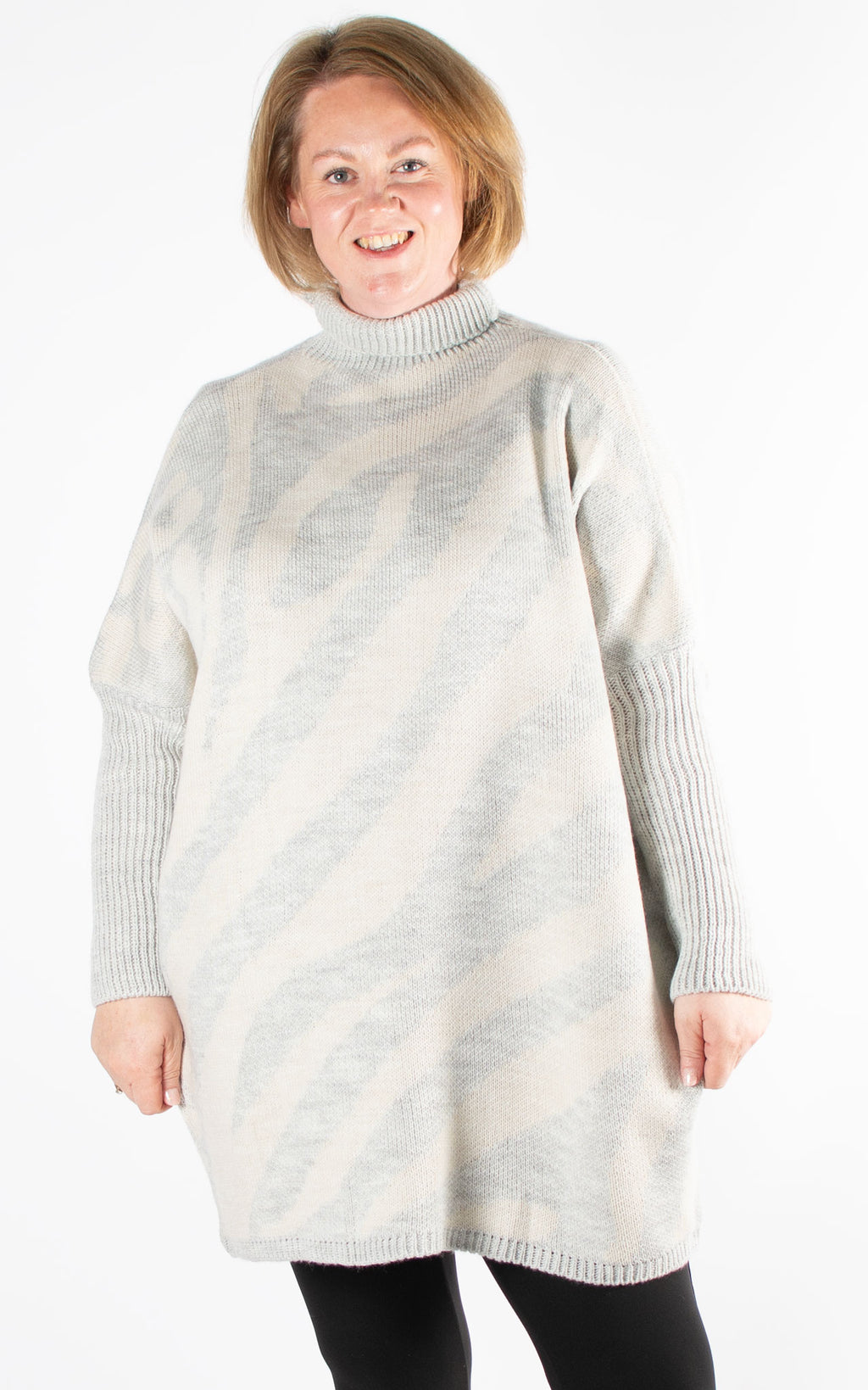Animal Print High Neck Jumper | Light Grey