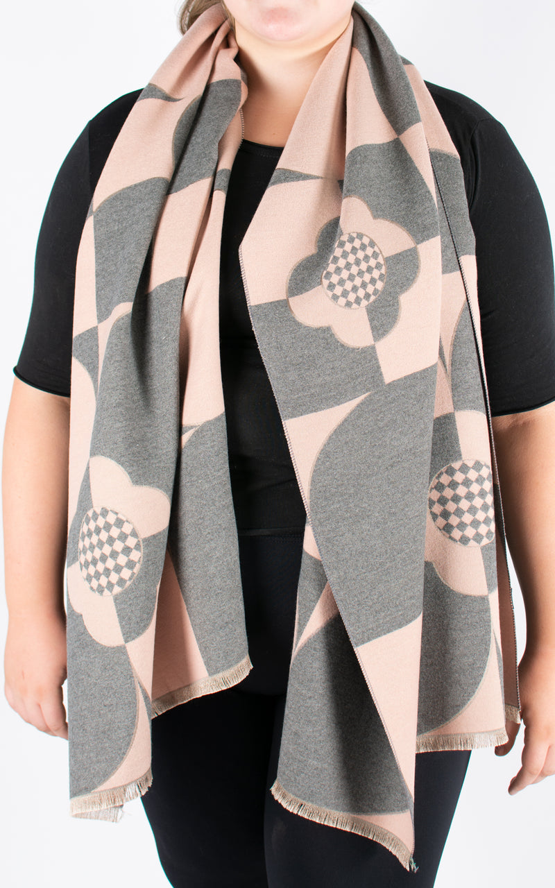 Autumn Winter Scarf | Contrast Shapes | Grey & Pink