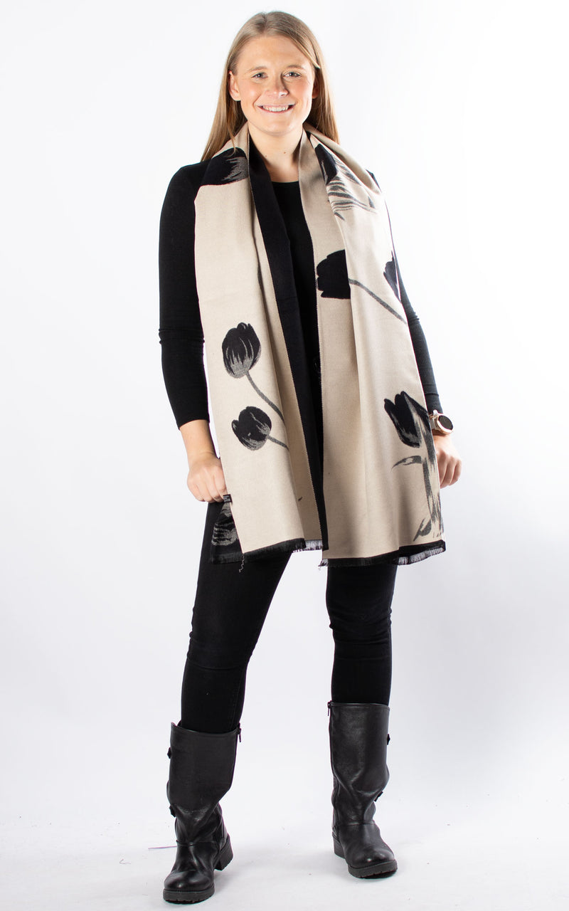 Autumn Winter Scarf | Tulips | Black & Cream