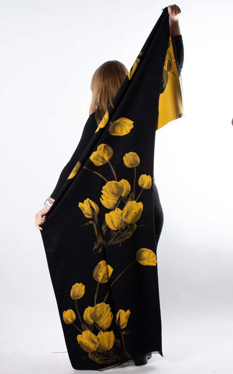 Autumn Winter Scarf | Tulips | Black & Mustard