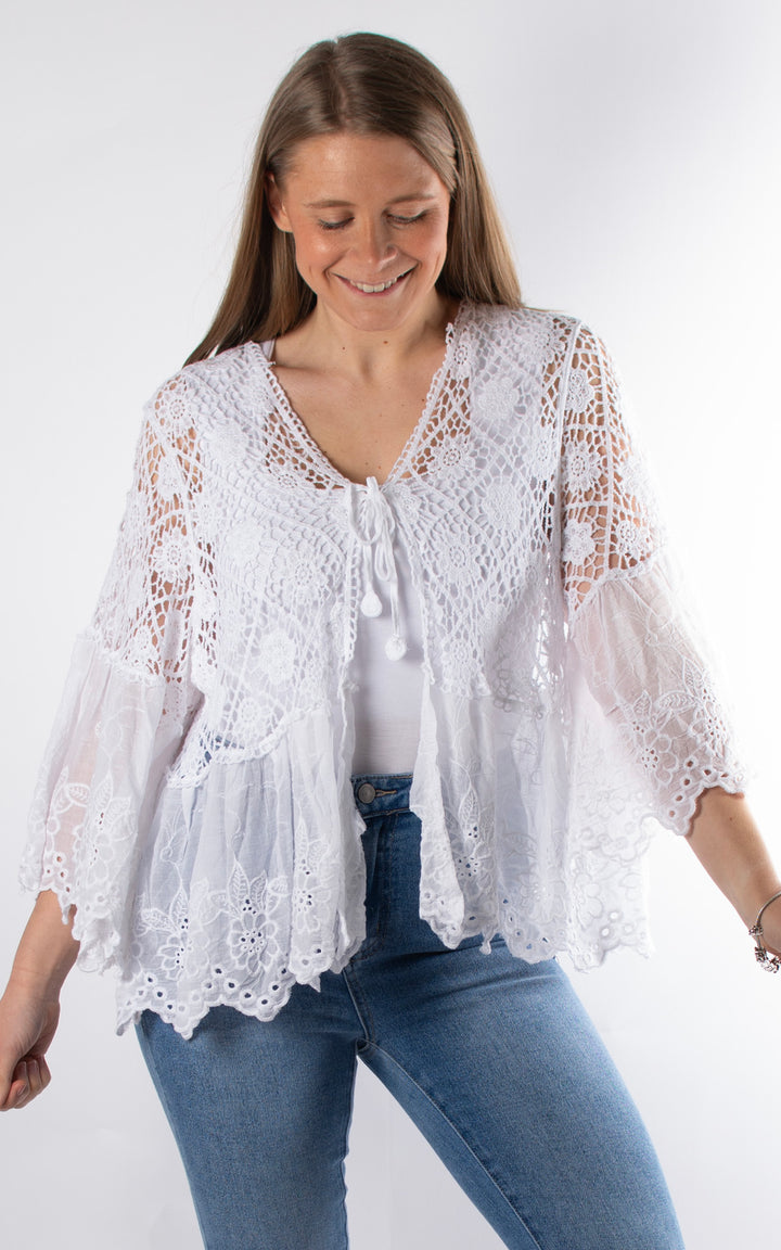 Broderie & Crochet Tie Cardigan | White