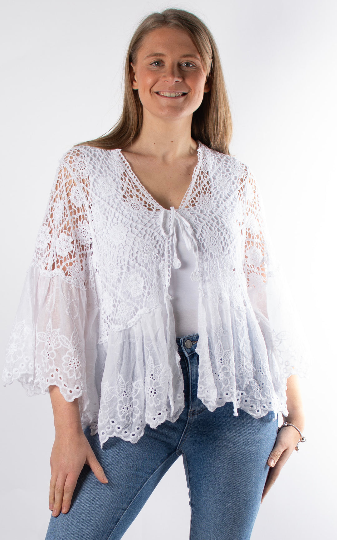 Broderie & Crochet Tie Cardigan | White