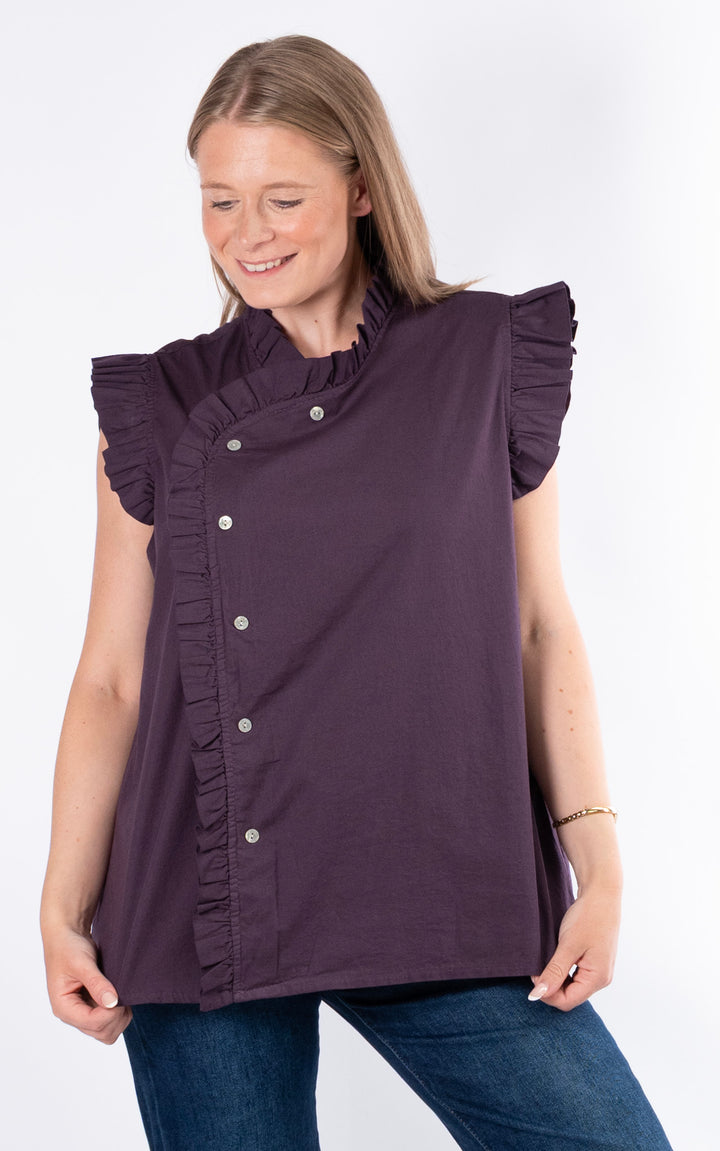 Brooke Frill Button Top | Aubergine