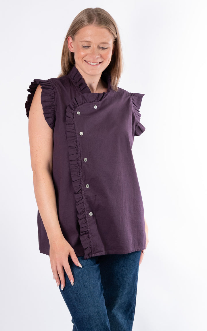 Brooke Frill Button Top | Aubergine
