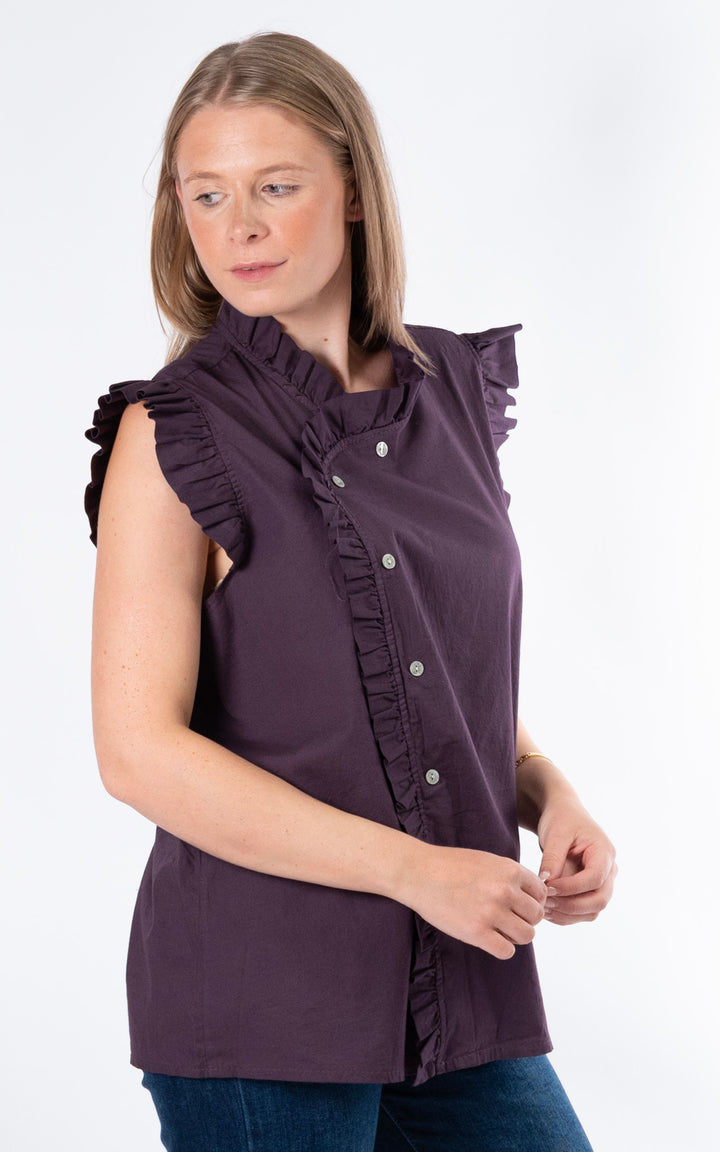 Brooke Frill Button Top | Aubergine