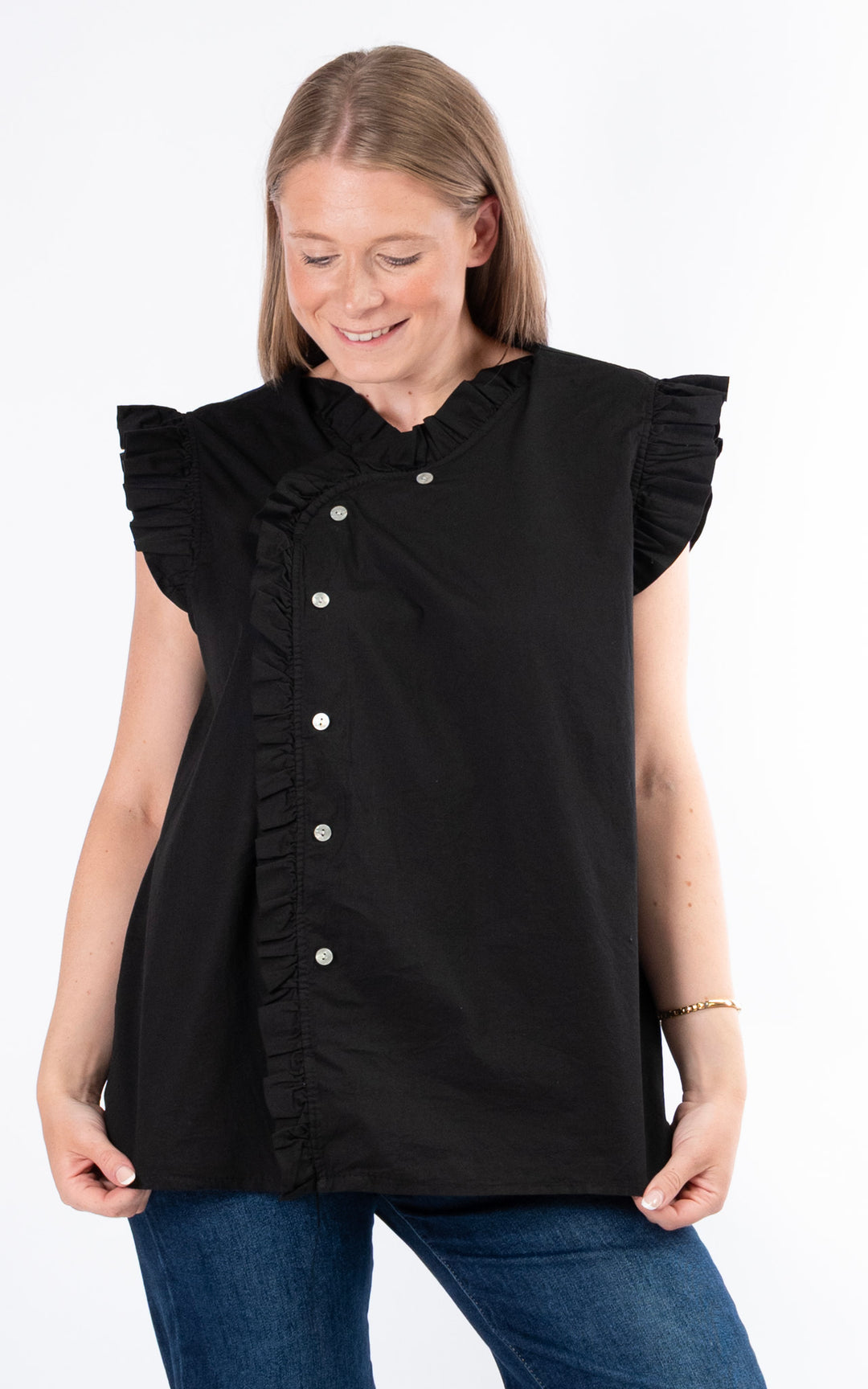 Brooke Frill Button Top | Black