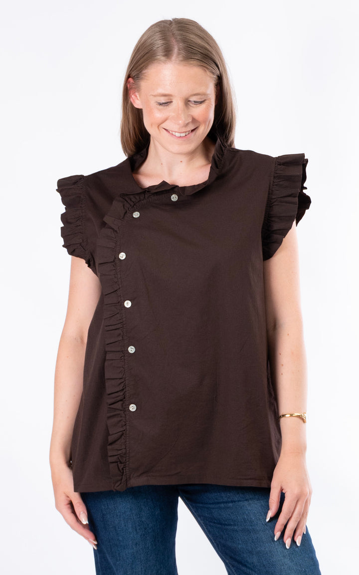 Brooke Frill Button Top | Chocolate