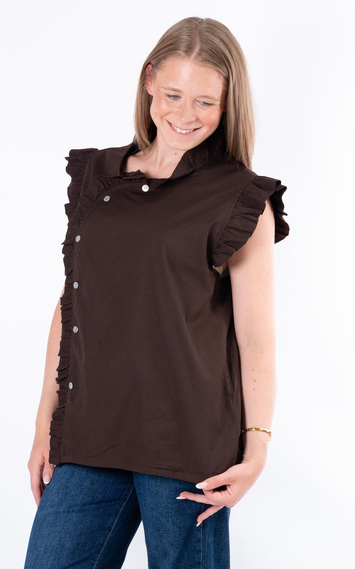 Brooke Frill Button Top | Chocolate