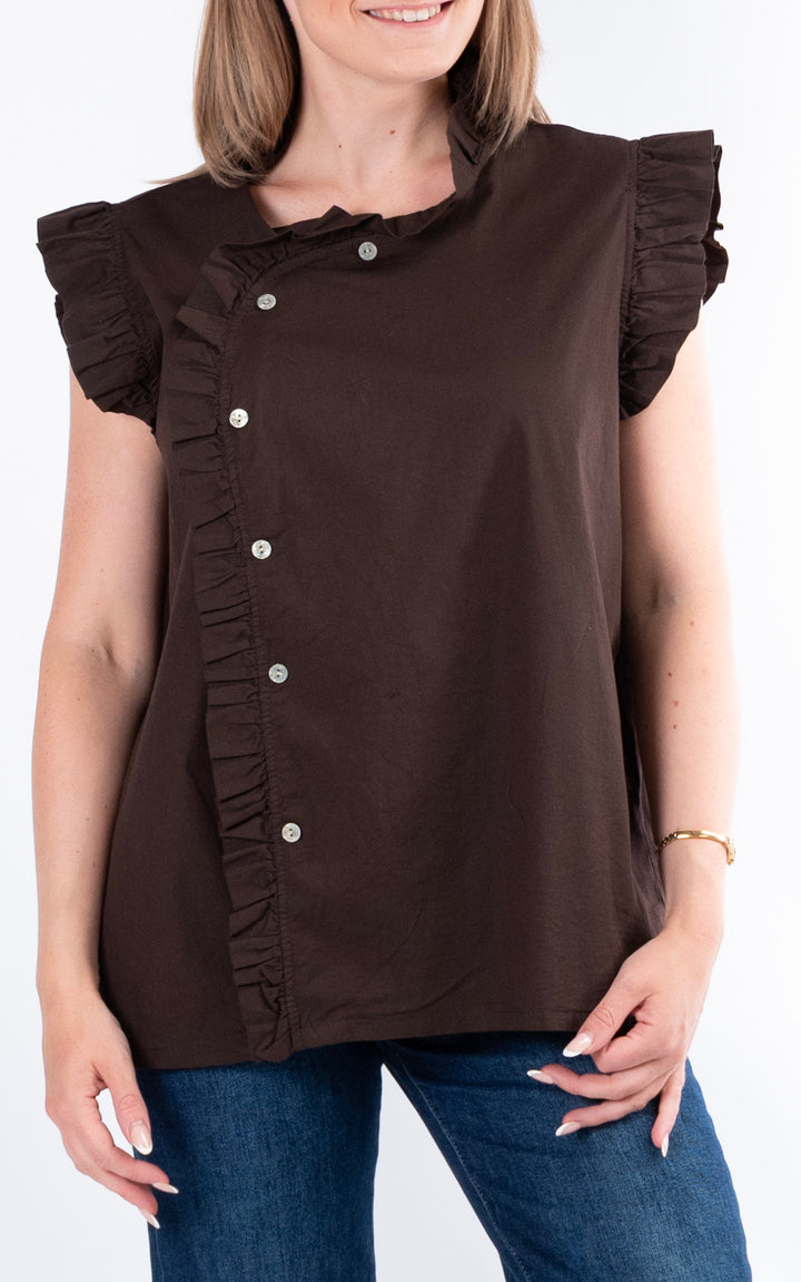 Brooke Frill Button Top | Chocolate