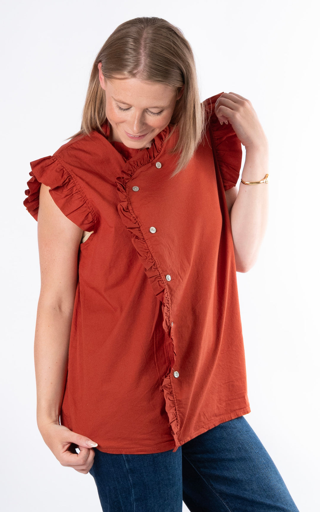 Brooke Frill Button Top | Rust