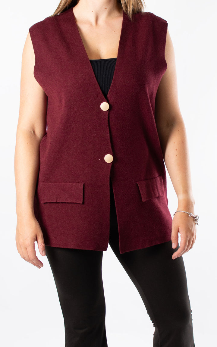 Button Knitted Waistcoat | Burgundy