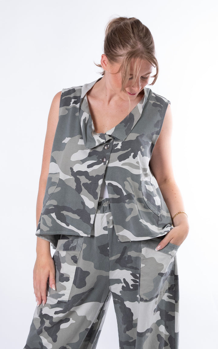 Camo Button Waistcoat | Khaki