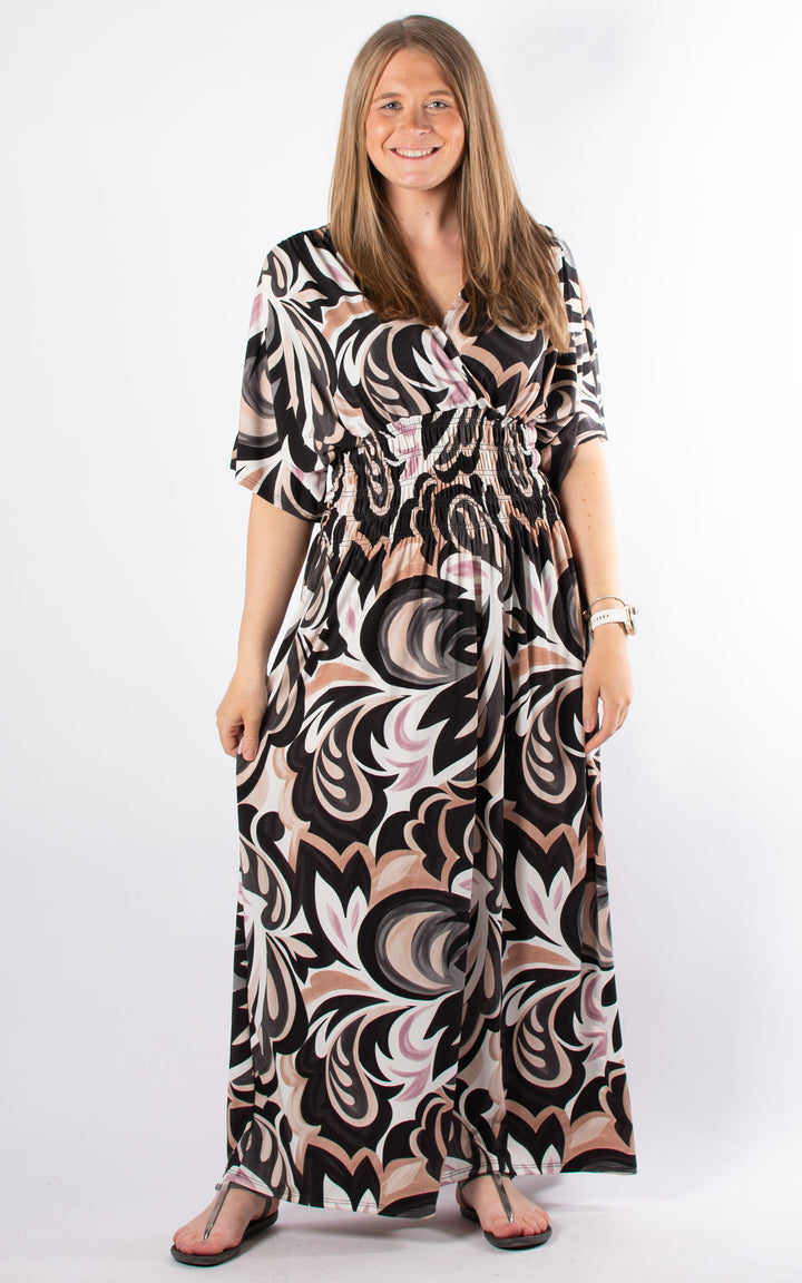 Cath Dress | Flower Swirl | Mocha & Pink