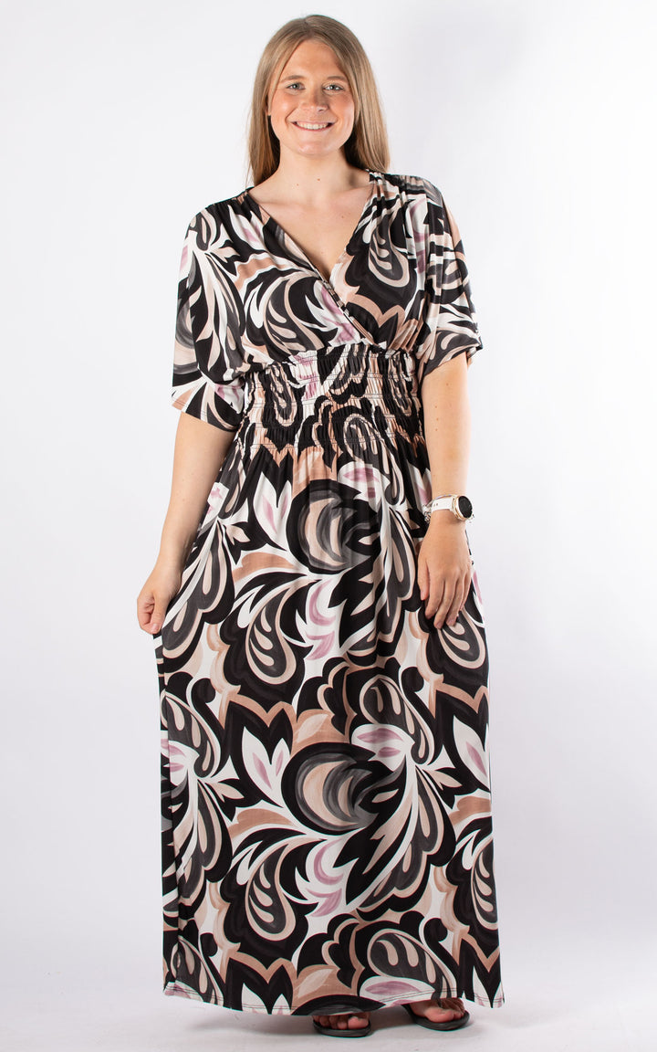 Cath Dress | Flower Swirl | Mocha & Pink