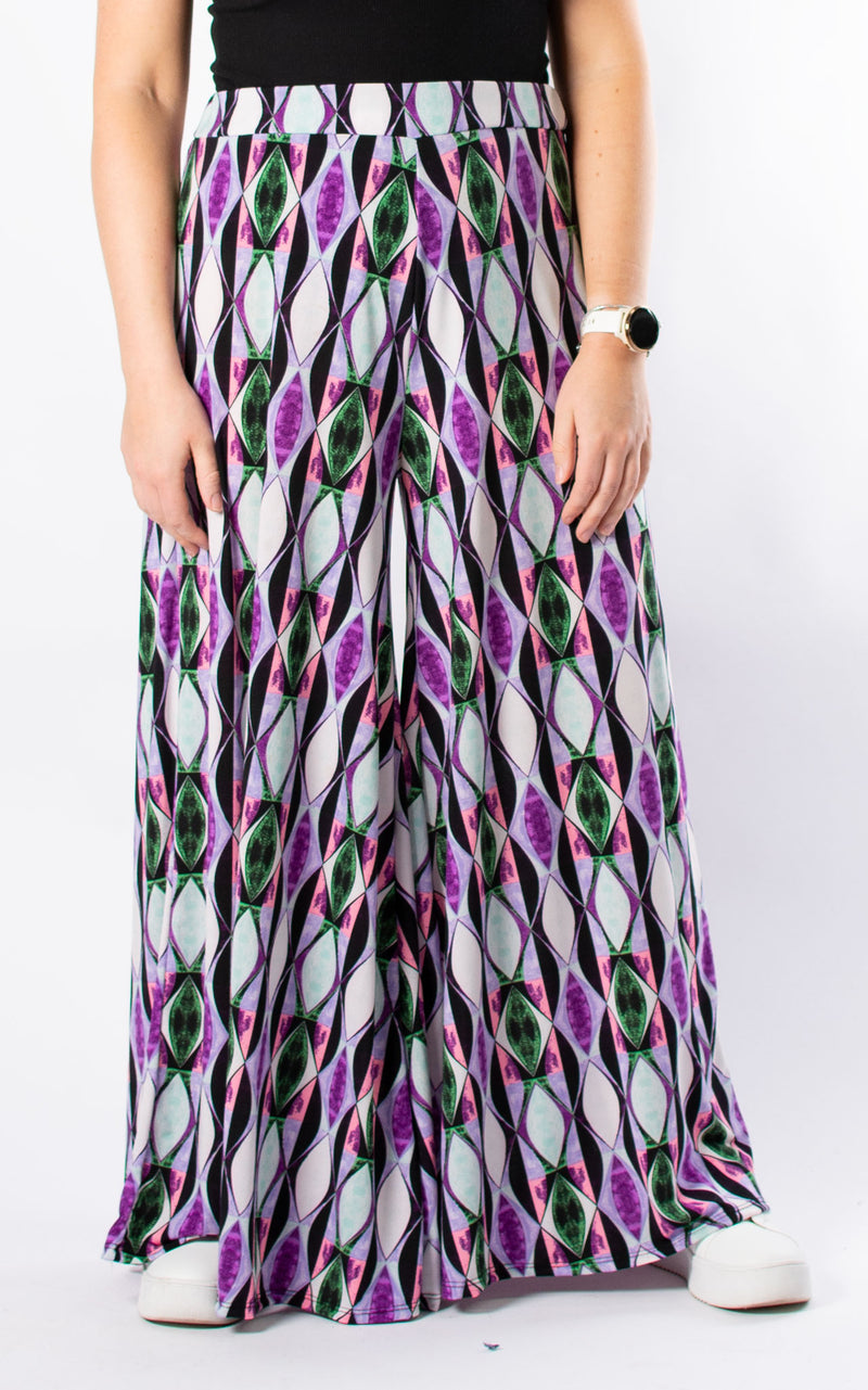 Cath Wide Leg Trousers | Abstract Geometric | Purple & Green