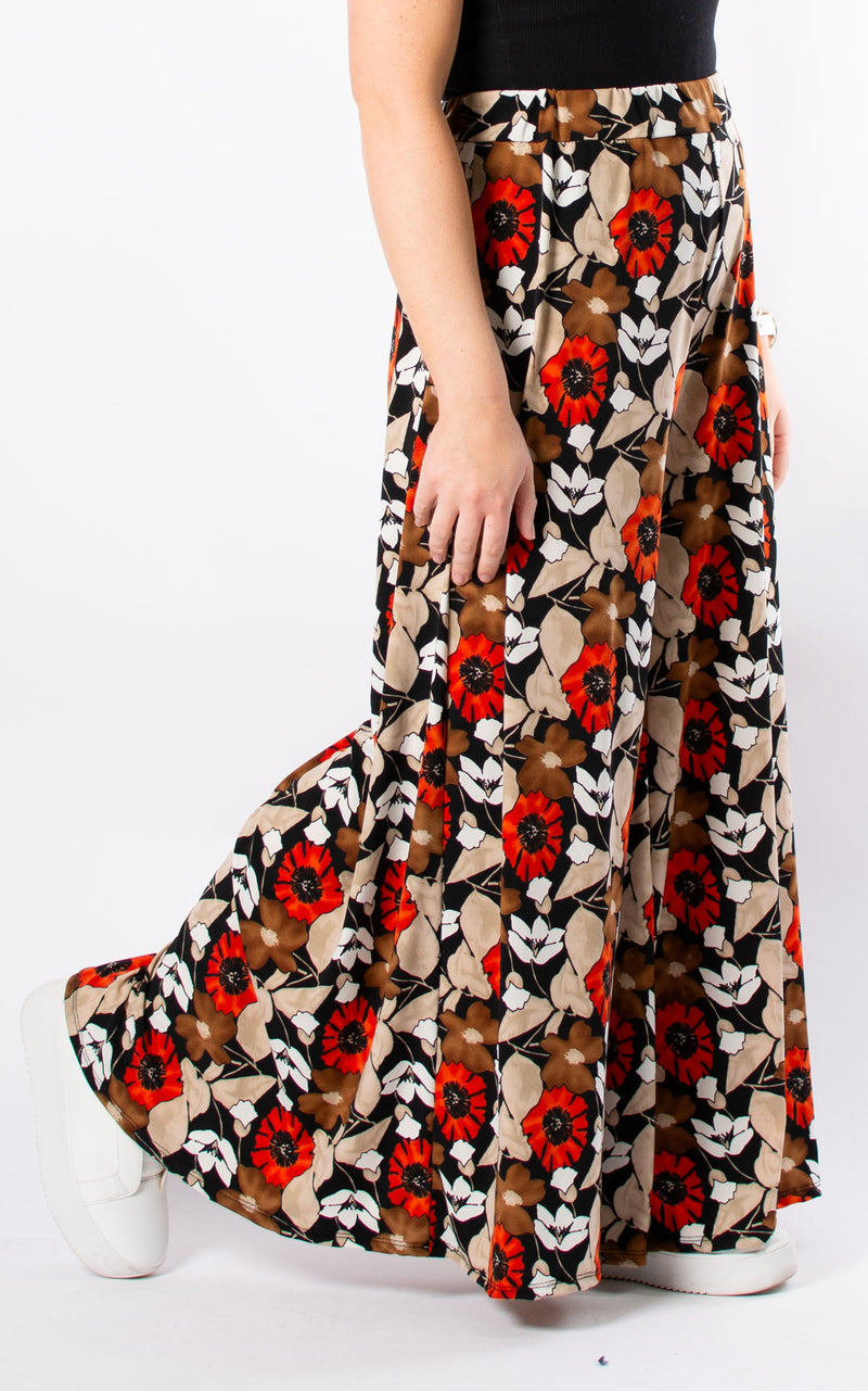 Cath Wide Leg Trousers | Flowers | Red & Mocha