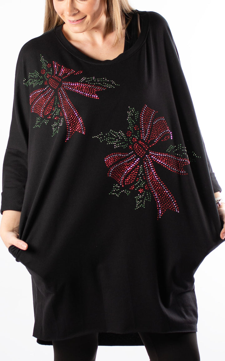 Christmas Holly Bows Top | Black