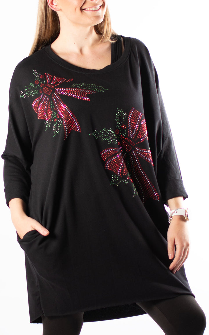 Christmas Holly Bows Top | Black