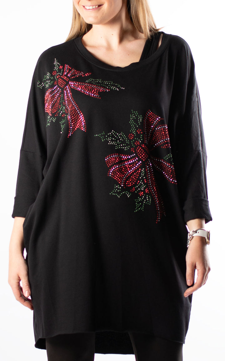 Christmas Holly Bows Top | Black