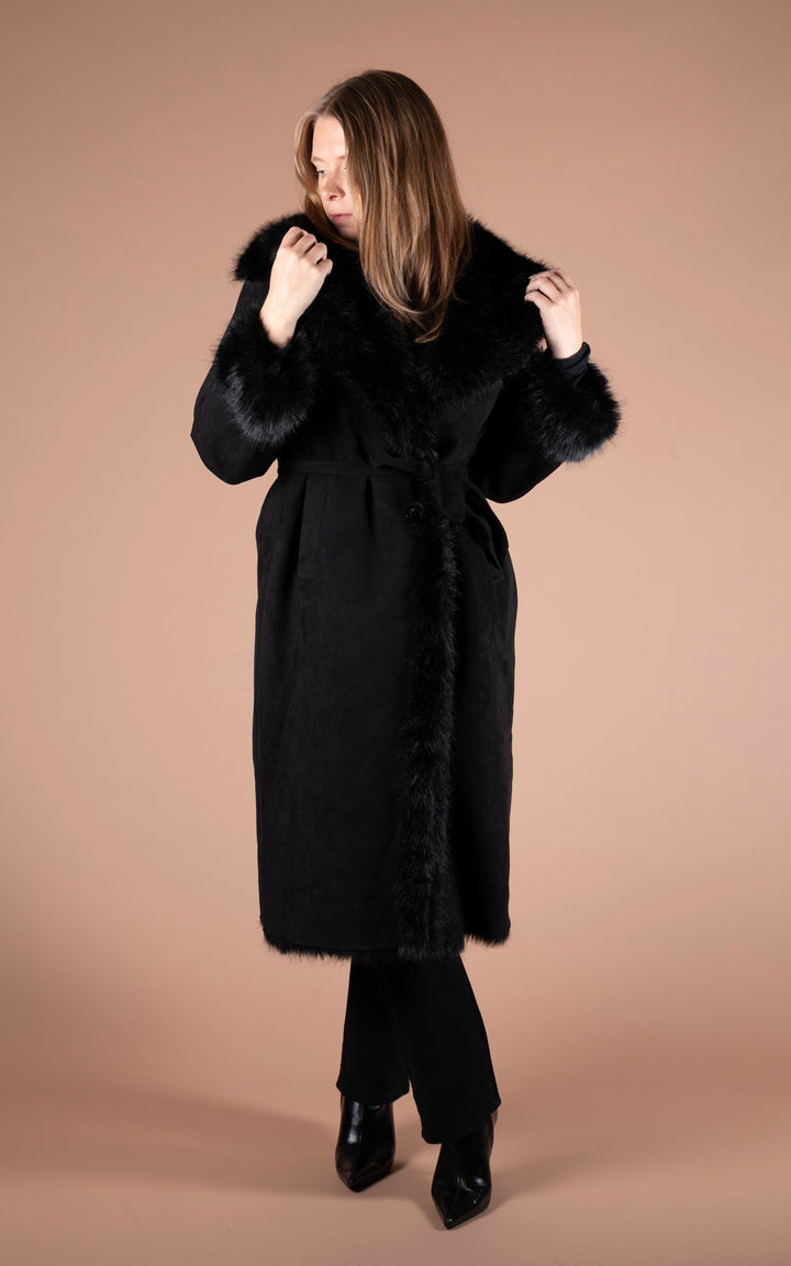 Ciara Faux Fur Suede Coat | Black