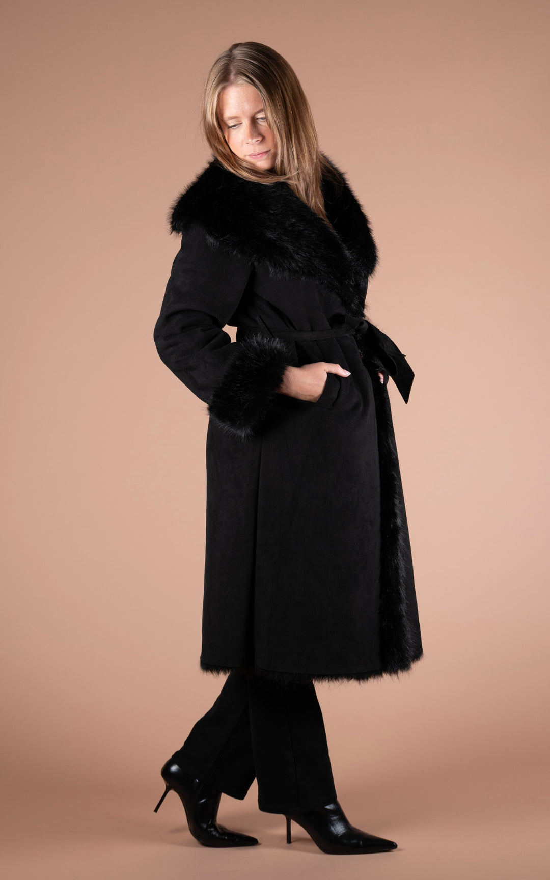 Ciara Faux Fur Suede Coat | Black