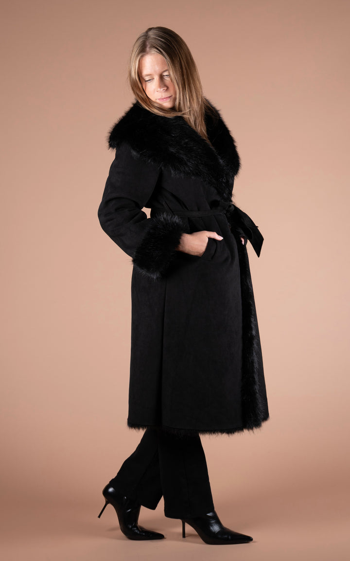 Ciara Faux Fur Suede Coat | Black