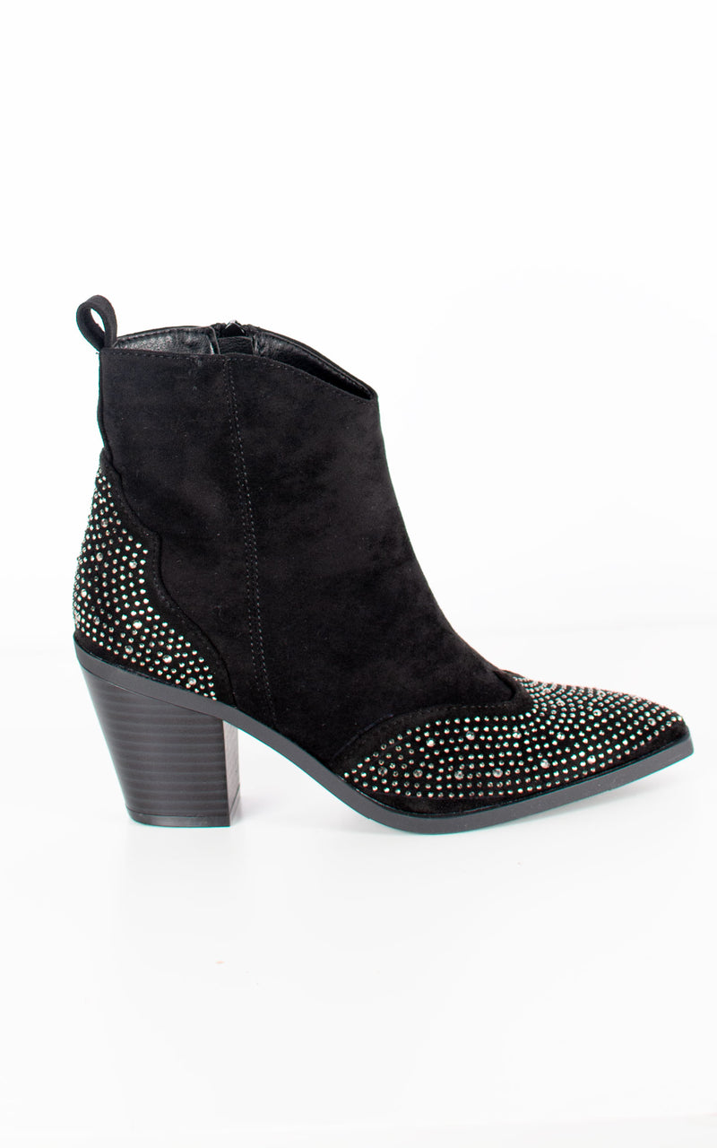 Cora Diamante Heel Cowboy Ankle Boot | Black