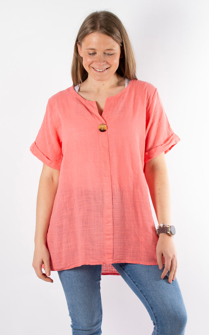 Cotton Button T| Coral
