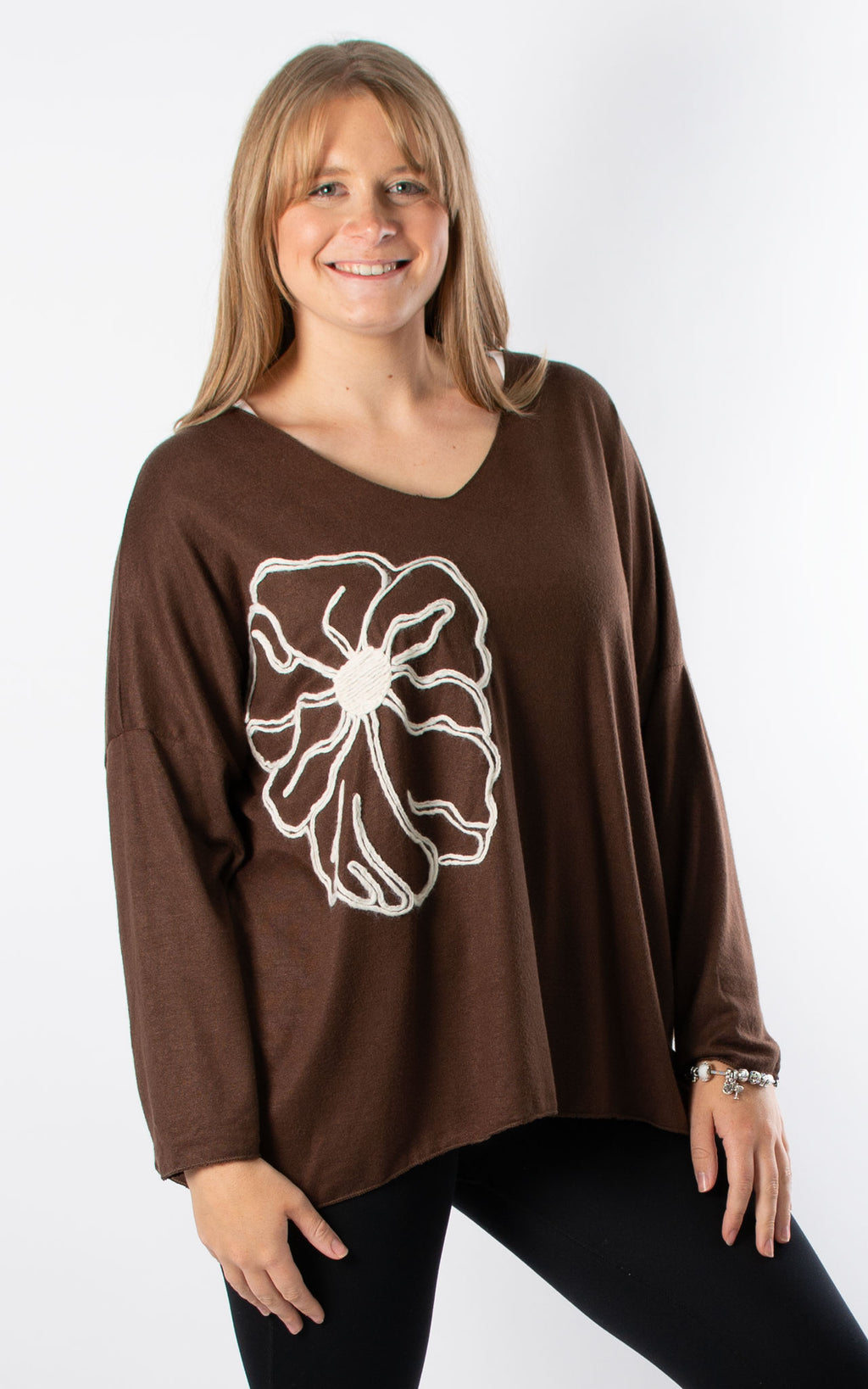 Side Flower V-Neck | Chocolate