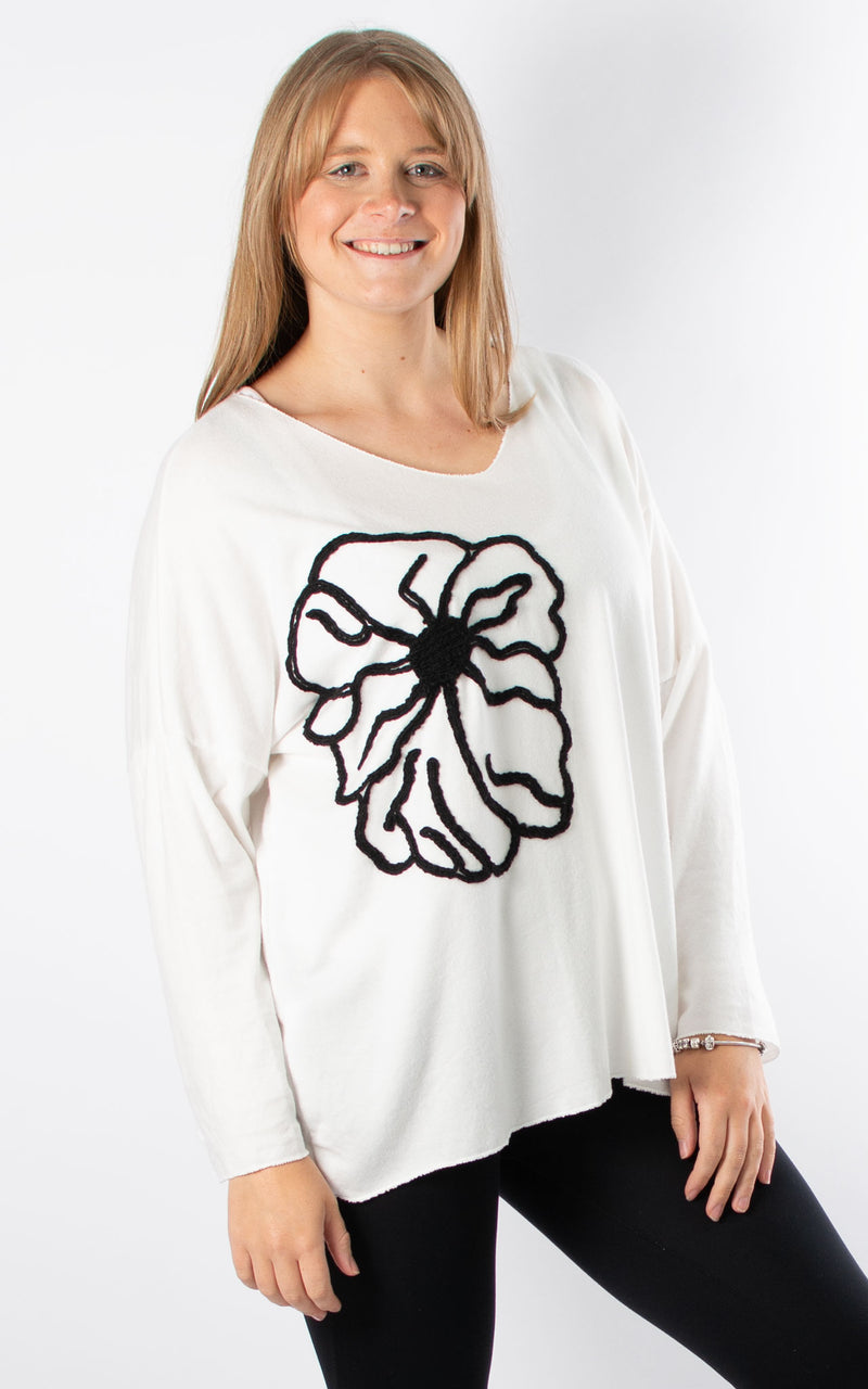 Side Flower V-Neck | White