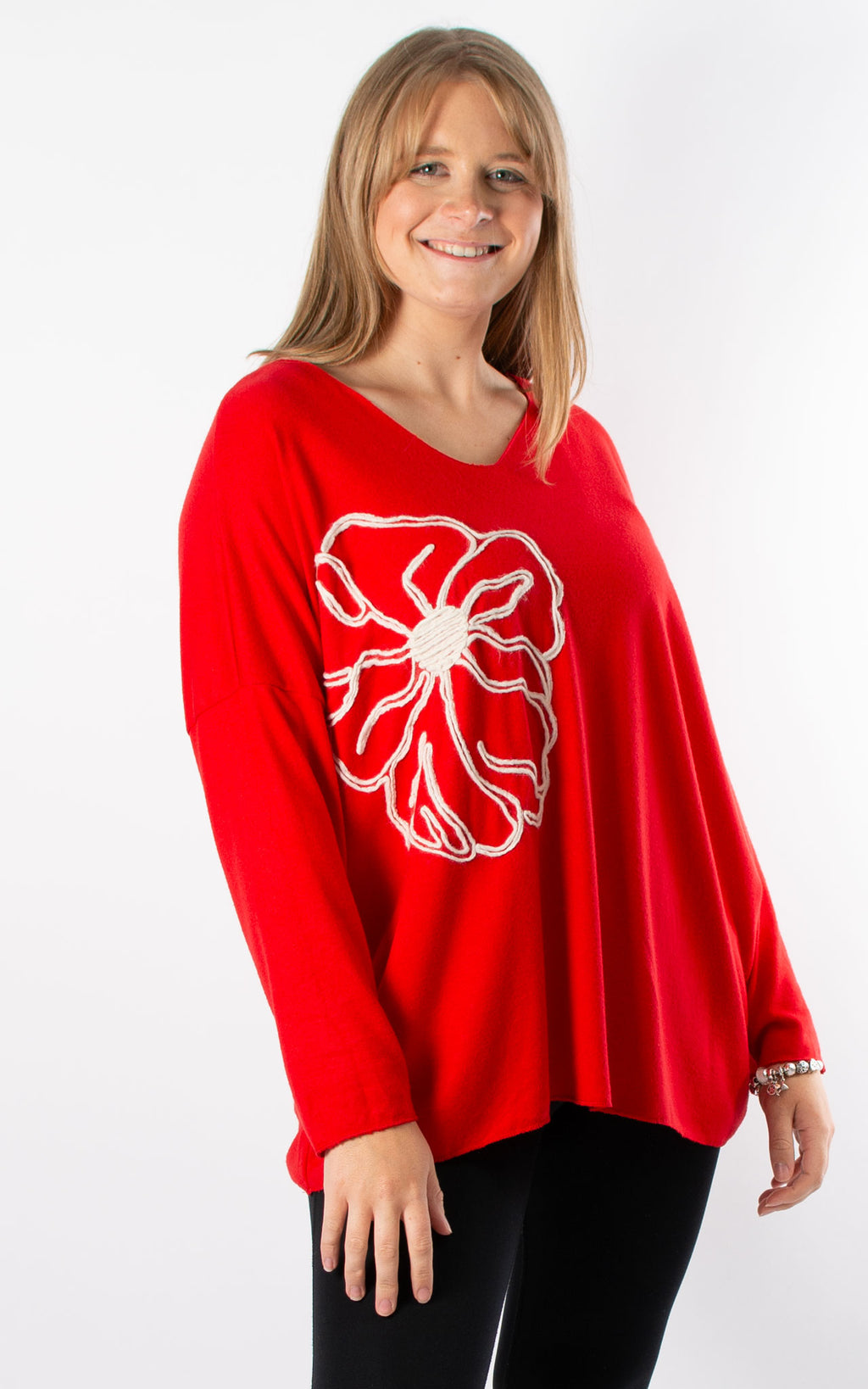 Side Flower V-Neck | Red