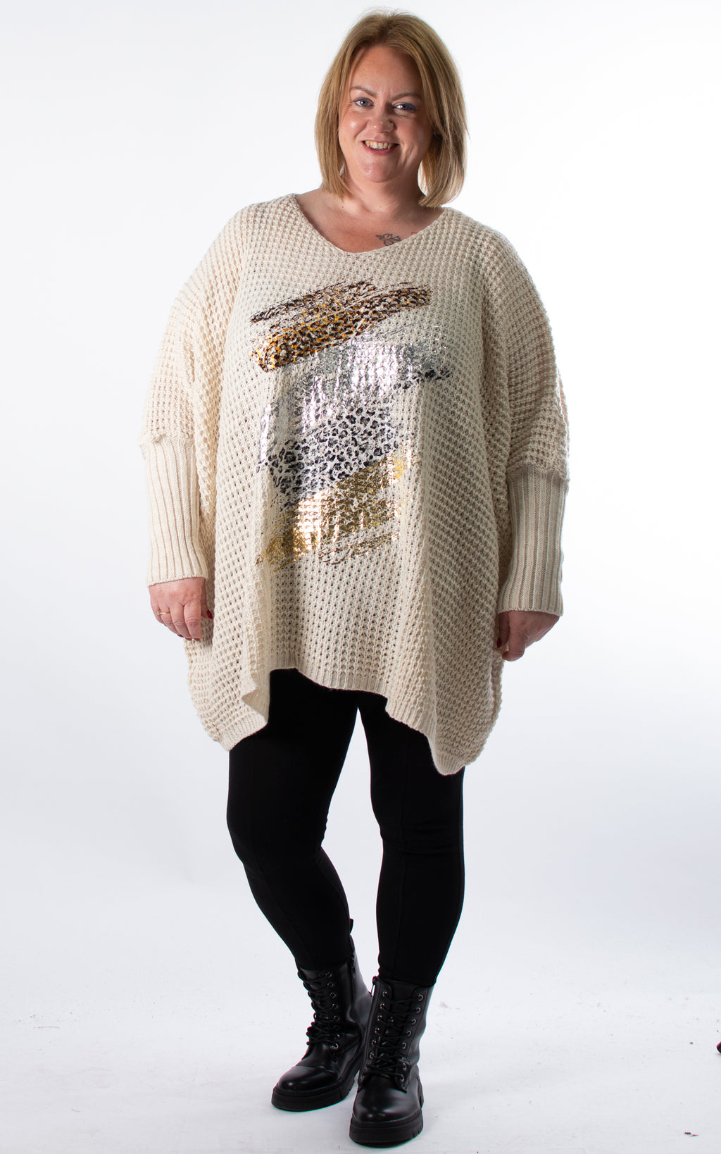 Oversized Chunky Knit Jumper | Foil Brush Stroke | Beige