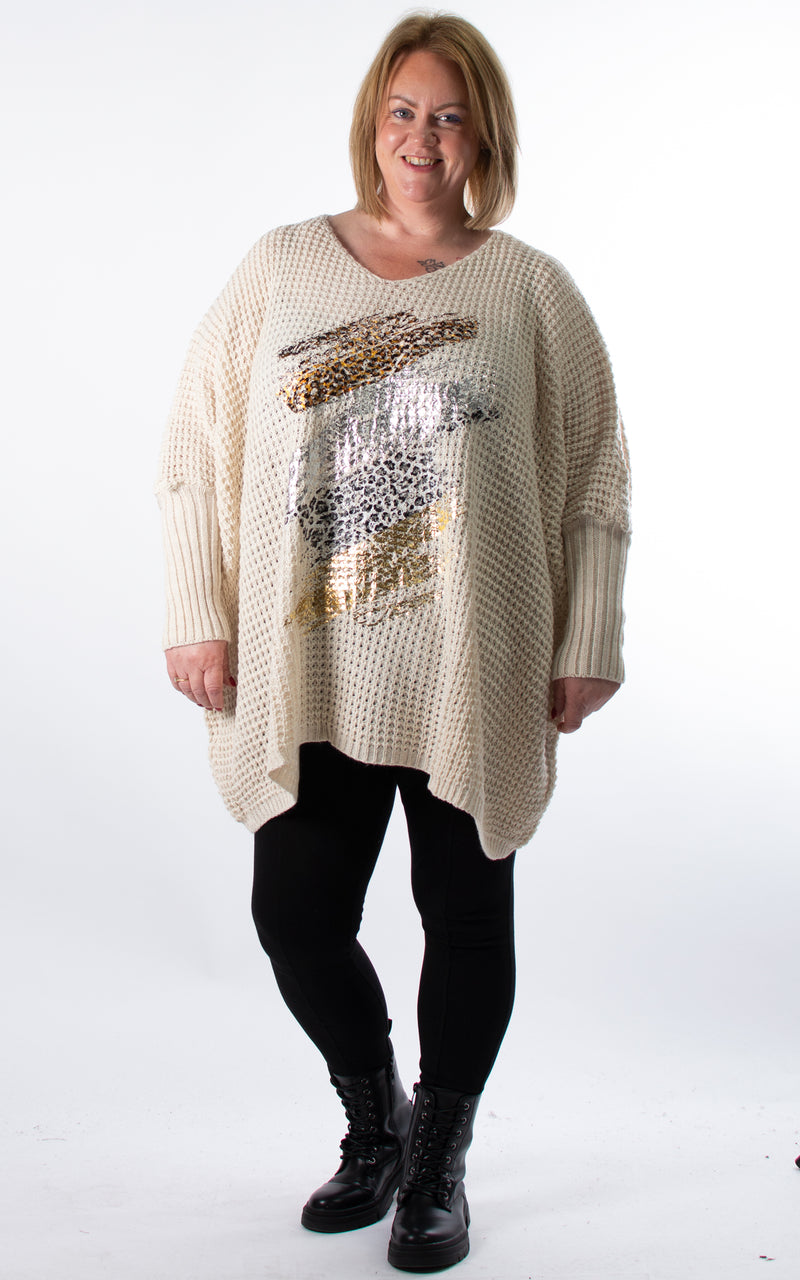 Oversized Chunky Knit Jumper | Foil Brush Stroke | Beige