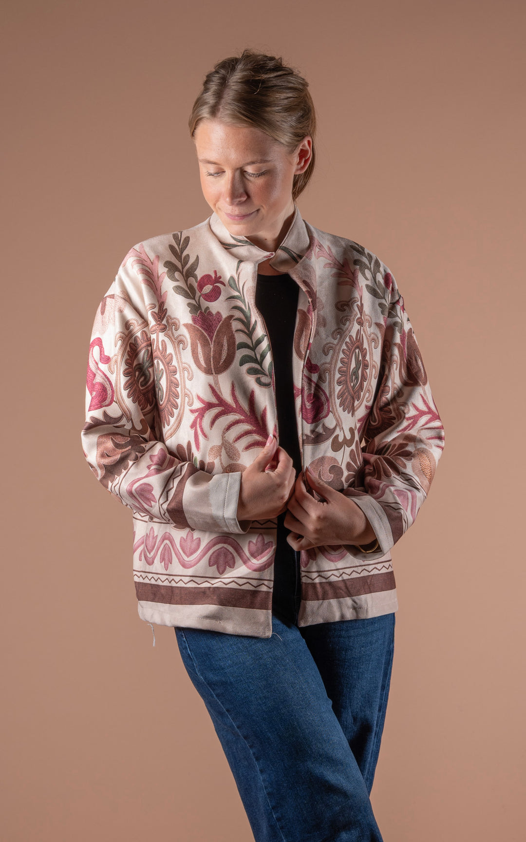 Freya Faux Suede Jacket | Floral Wave | Stone
