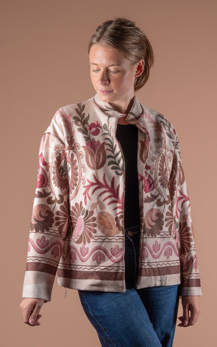 Freya Faux Suede Jacket | Floral Wave | Stone