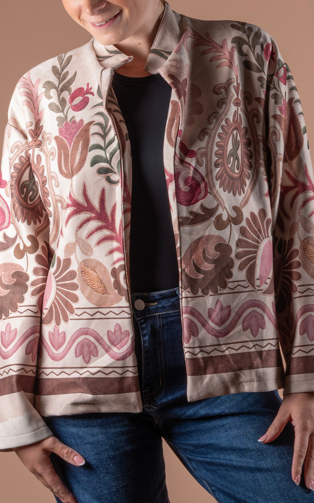 Freya Faux Suede Jacket | Floral Wave | Stone